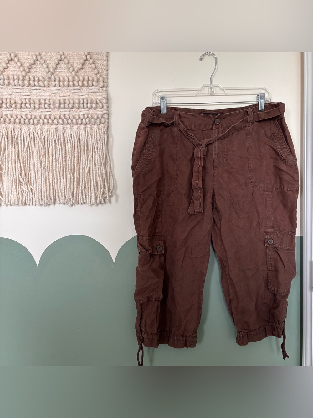 Brown linen capri pants with tie waist